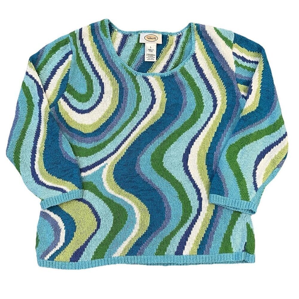 Talbots Women’s Knit Sweater 3/4 Sleeve Size Large Blue Green Y2K Vintage Wavy